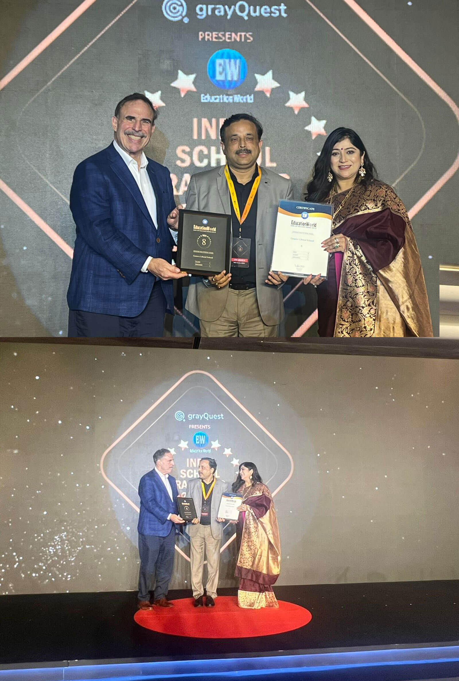 Geneva Liberal School receiving its EducationWorld India School Rankings 2024-25 award on stage