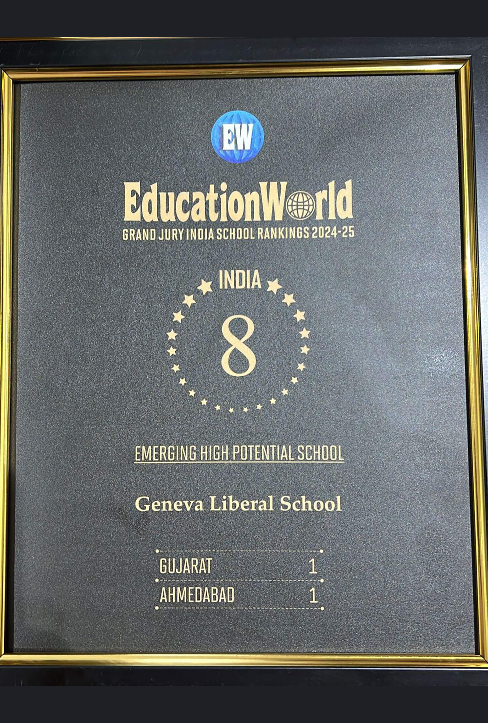 Framed EducationWorld India School Rankings 2024-25 award plaque for Geneva Liberal School