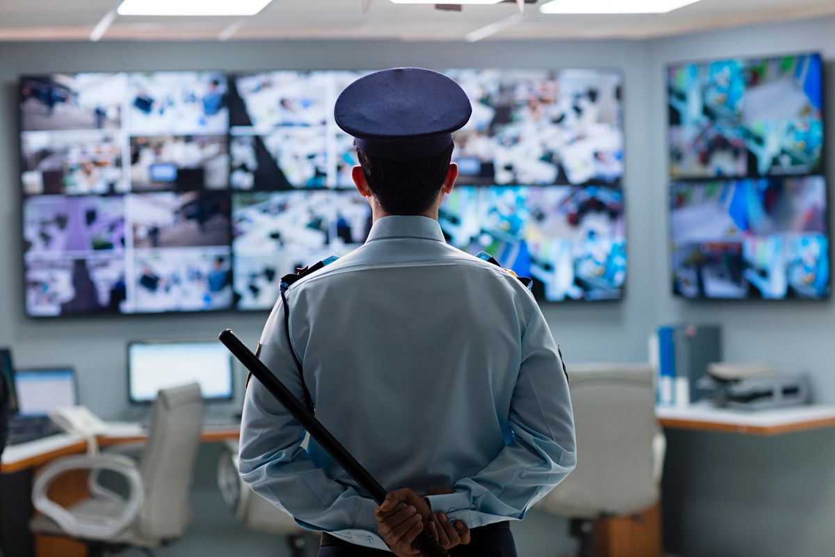 Security guard monitoring campus CCTV screens